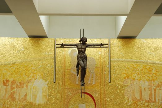 golden interior of the new Cathedral on the Sanctuary of Fatima, Portugal