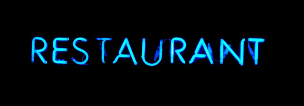 Restaurant blue  neon sign on black background