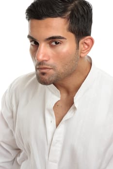 Masculine man profile looking intently or with macho attitude.  White background.