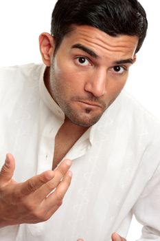 Adult man looking questioning and gesturing with one hand.  White background.