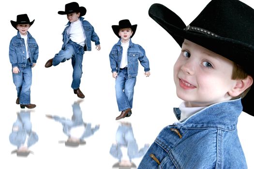 Collage of a four year old boyin denim and a black cowboy hat over white.