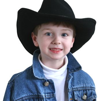 Adorable four year old  in denim jacket and black cowboy hat.  Shot with the Canon 20D.