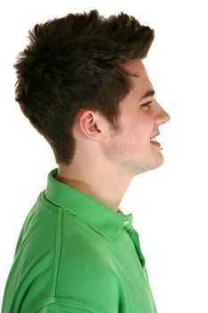 Attractive young man's profile with  Labret Piercing over white.