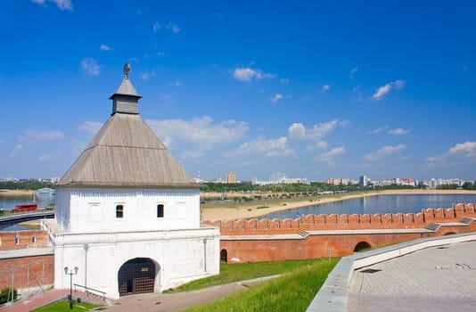 View of old tower and wall of Kazan Kremlin, Russia.
