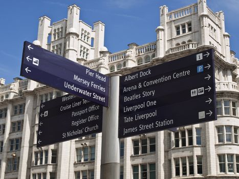 A multi signpost extolling the many sites of interest in Liverpool