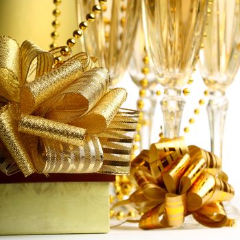 holiday card golden champagne and gift