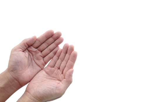 Close-up of open hands with copy space, isolated on white.