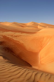Abstract patterns in the dunes of the Rub al Khali or Empty Quarter. Straddling Oman, Saudi Arabia, the UAE and Yemen, this is the largest sand desert in the world.