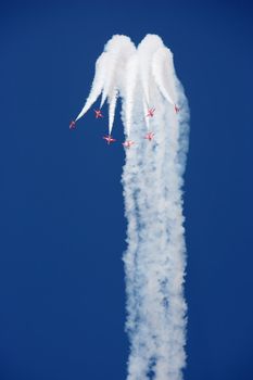 The Royal Air Force's Red Arrows team perform in their BAE Hawk aircraft at the Dubai Airshow in the United Arab Emirates.