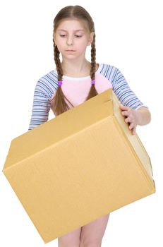 Girl holds the big heavy cardboard box