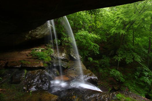View from behind a tranquil waterfall on Cane Creek in northern Alabama.