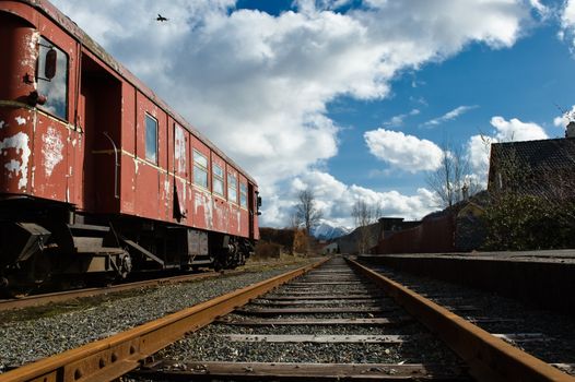 Old train on a railway station in Norway outside Bergen