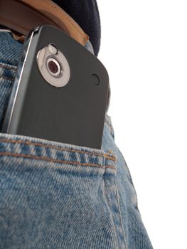 A PDA (Windows Mobile device) in a back pocket of an IT worker, wearing jeans, shot from behind, with back pocket visible, isolated on white.