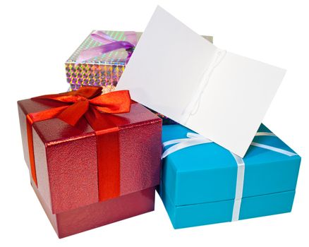 A pile of presents and a gift tag with copy space
