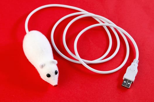 White mouse with cable on red background. Focus on the mouse.