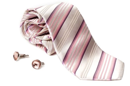 Rose striped tie and cuff links with stone insulated on white background