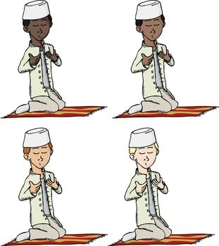 A cartoon of a young Muslim boy with fez making a supplication while sitting on a praying rug. Includes 4 versions in different skin and hair color. 