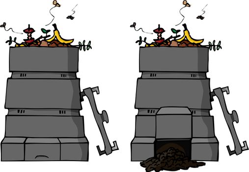 A hand-drawn illustration of full compost bin with a version with finished compost.