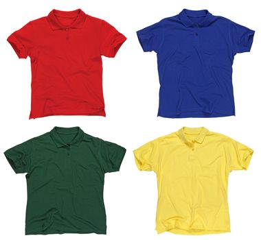 Photograph of four blank polo shirts, red, blue, green and yellow.  Clipping paths included.  Ready for your design or logo.