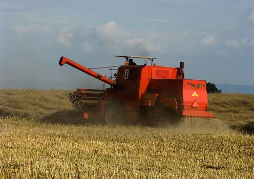 Big red combine performing his job