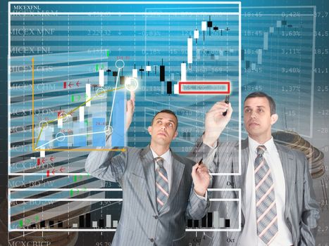 The meneger and businessman studies a structure of the diagramme of capital investments in financial business