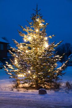 Beautiful Illuminated Christmas Tree Outdoors with snow background white christmas   
