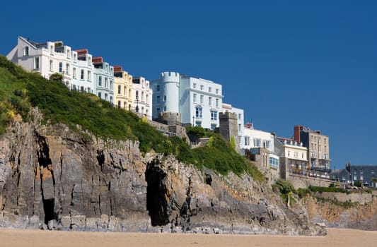 Houses on cliffs. Tenby, Wales.