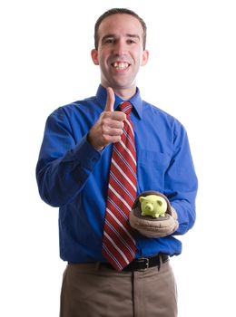 Concept image of a businessman giving a thumbs up because of a successful investment, isolated against a white background