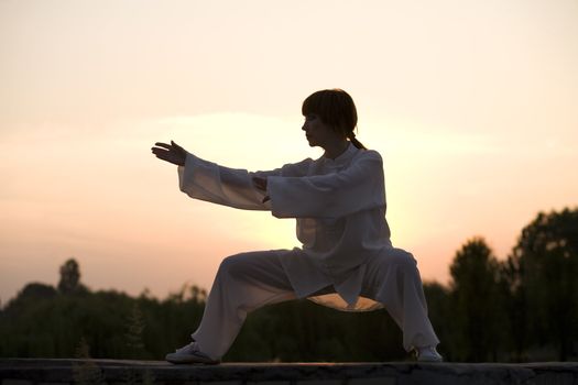 woman in white suit make's taiji chuan exercise - chinese marshal art