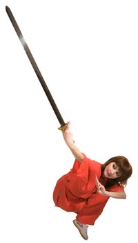 young woman makes kung-fu exercise with sword isolated with clipping path on white background
