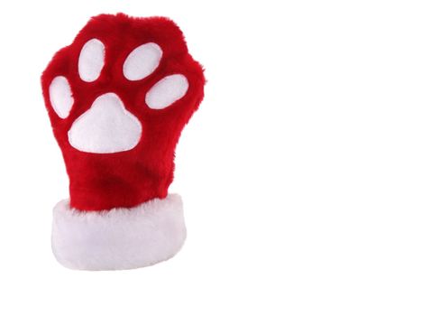 Red and white christmas stocking with paw print isolated on white background