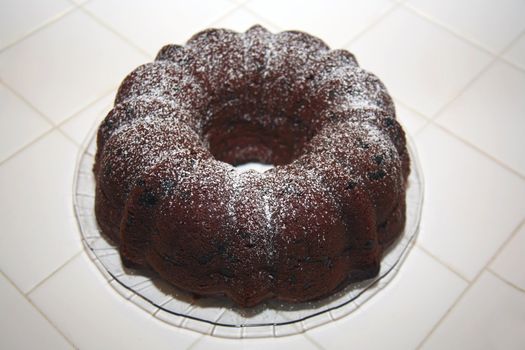 Chocolate bundt cake with powdered sugar on the top
