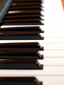 Detail of black and white keys on music keyboard - selective focus