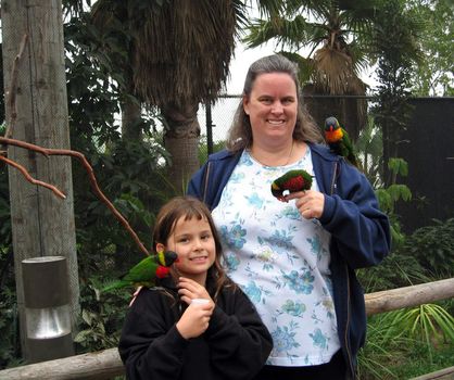 Mother and daughter enjoying lorikeet parrots in an aviary