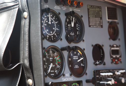 Closeup of part of the instrument panel in a helicopter cockpit