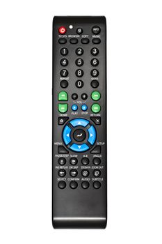 Black remote control isolated on white background 
