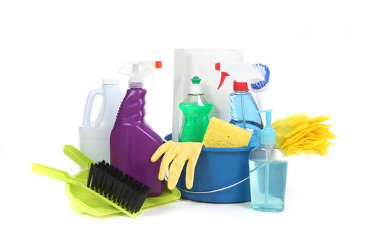 Household Items Used for Chores and Cleaning up the House on White Background