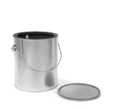 Silver tin paint can opened on a white background