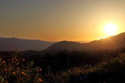 Beautiful Sunrise In the Mountains Among Poppies and Hazy Hills. Image has slight noise due to shooting conditions.