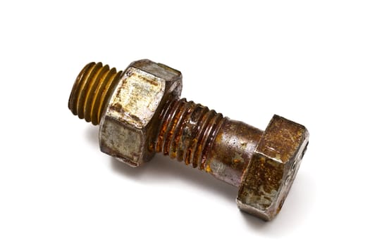 Rusty nut and bolt isolated on white background 
