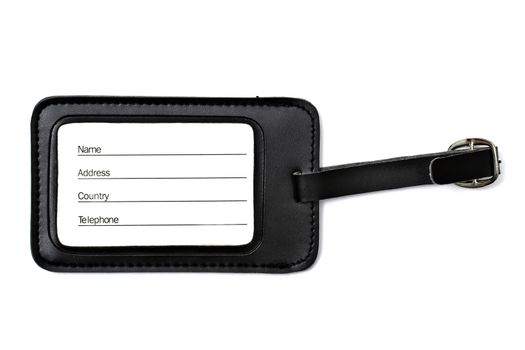 Black leather Luggage tag isolated on white background
