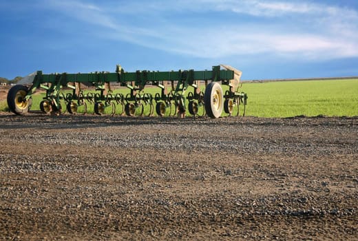 Rusty old cultivator farm equipment next to an alfalfa field with blue sky