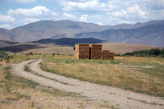 Bales of straw stacked up next to a road in the country