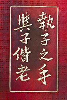Chinese characters on red background. Means: 
To hold your hand .
To grow old with you .