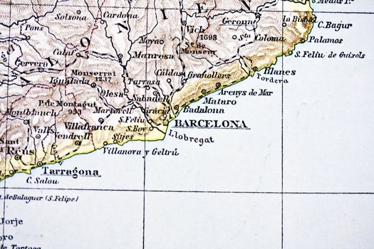 Ancient map of Barcelona. Handmade in 1881 
