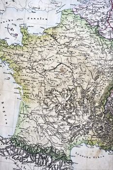 Ancient map of France closeup