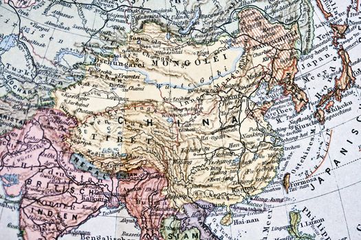 Ancient map of China closeup