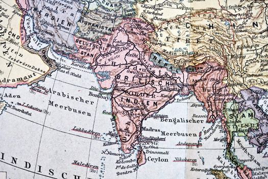 Ancient map of India closeup