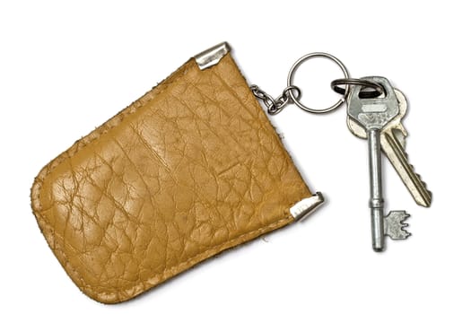 Keys and  leather tag isolated on white background

