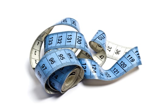 Blue tape measure isolated on white background 
